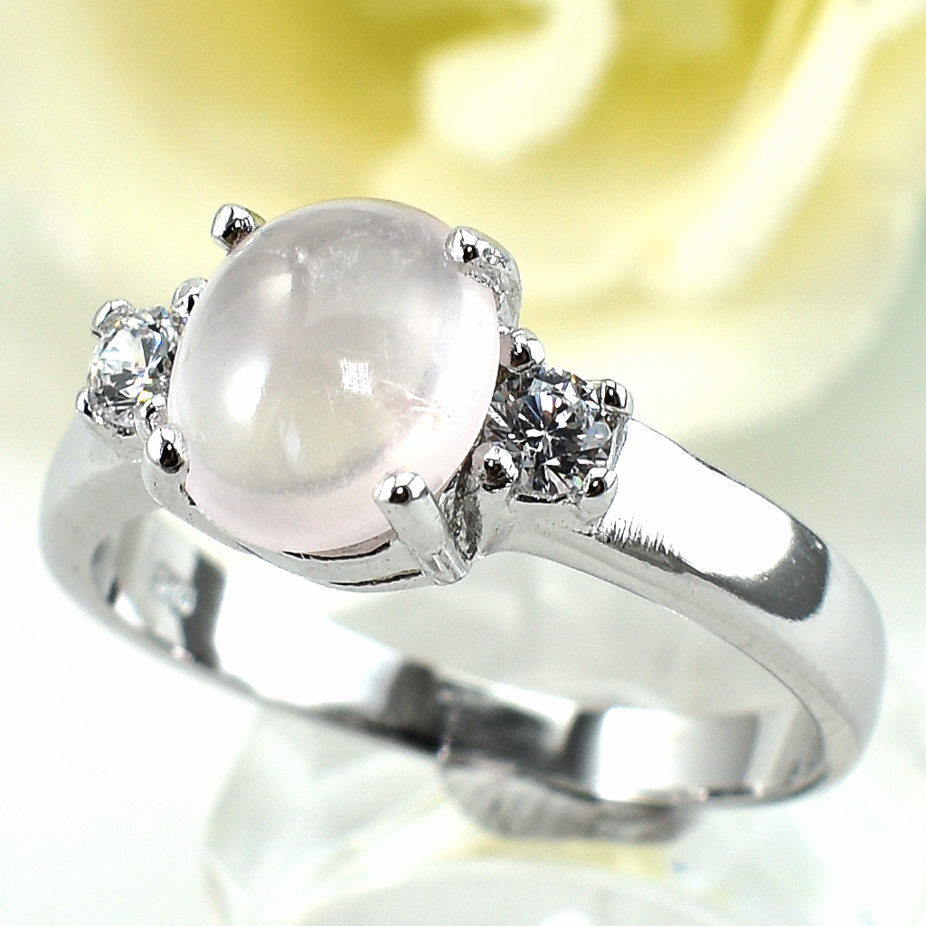 แหวนเงินแท้ราคาถูกชุบทองคำขาว พลอยแท้โรสควอทซ์ 1.85 กะรัต เพชรCZ 0.20 กะรัต งานประณีตสวยงาม สั่งผลิตค่ะ