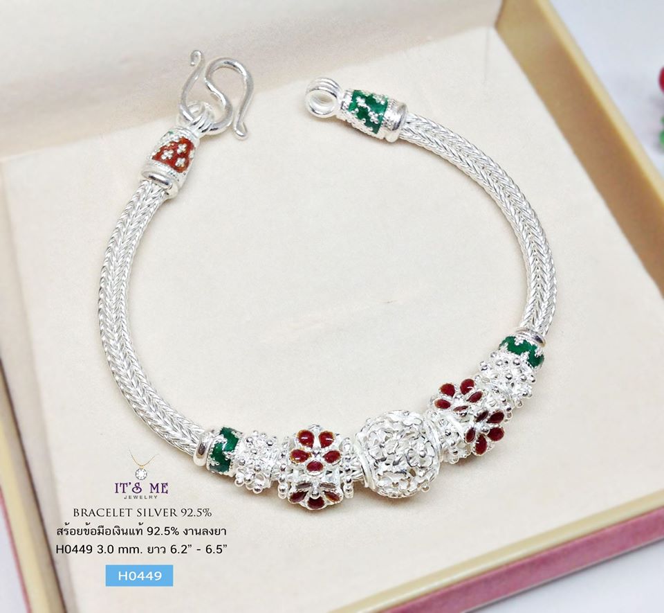 สร้อยข้อมือเงินแท้ 92.5% งานลงยา ลายสวยมากๆ ค่ะ งานทำมือ (งานไทย) สร้อยหนา 3.0 มิล