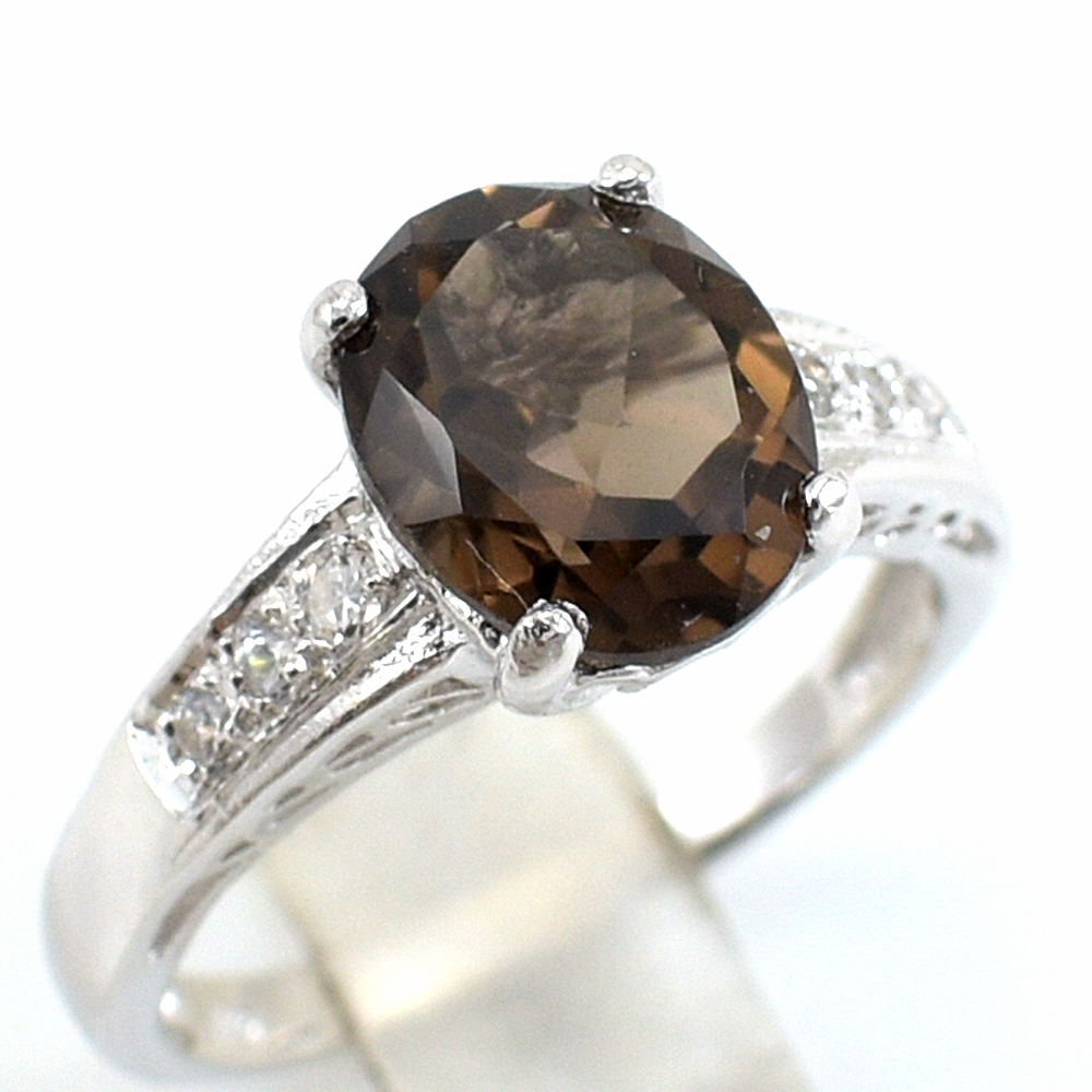 แหวนเงินแท้ราคาถูกชุบทองคำขาว พลอยแท้สโมกกี้ควอทซ์ 2.25 กะรัต เพชรCZ 0.15 กะรัต งานประณีตสวยงาม สั่งผลิตค่ะ