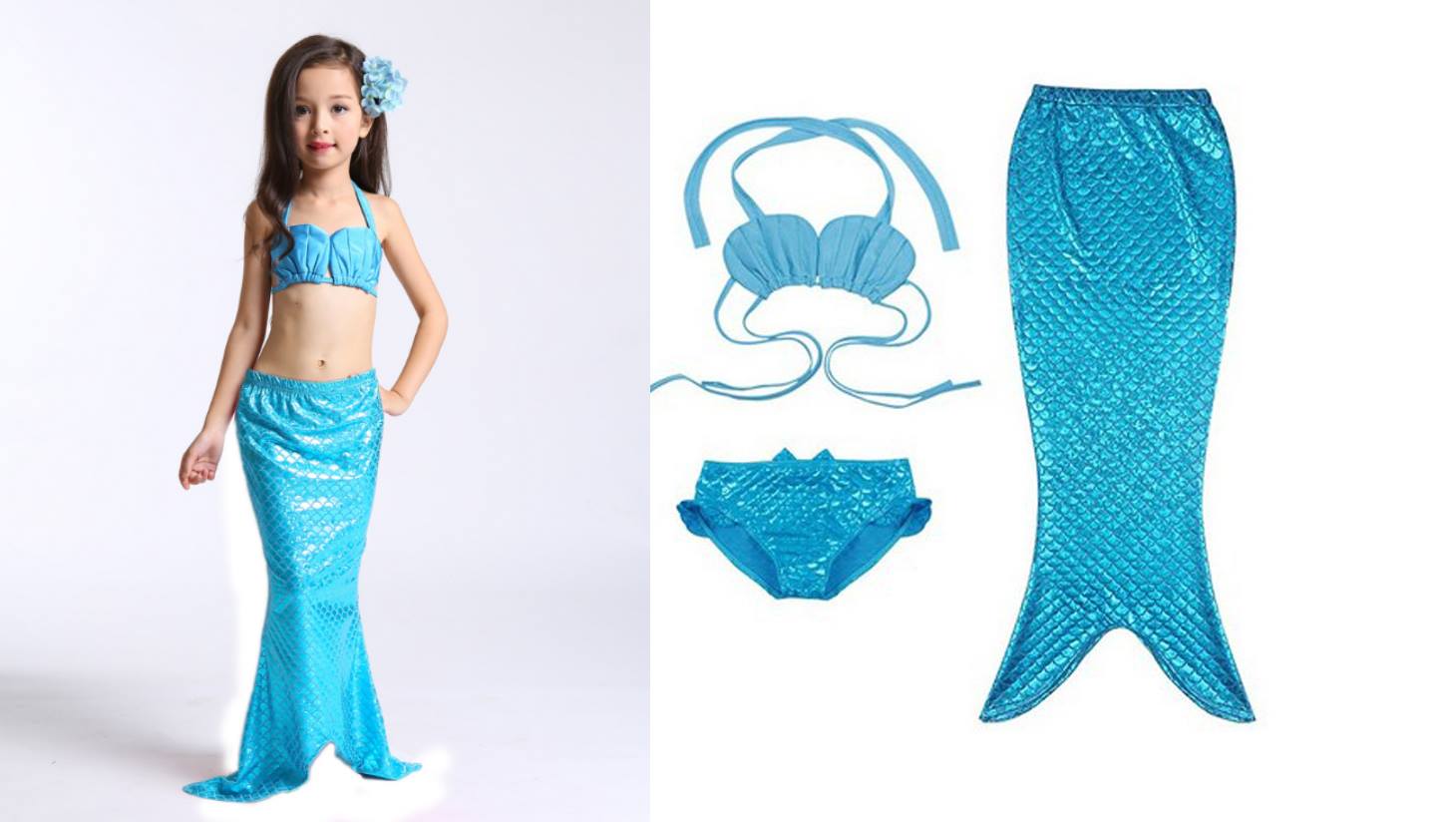 ชุดว่ายน้ำ นางนางเงือก เซ็ต 3 ชิ้น รุ่นเสื้อผูกอก สีชมพู-ฟ้า