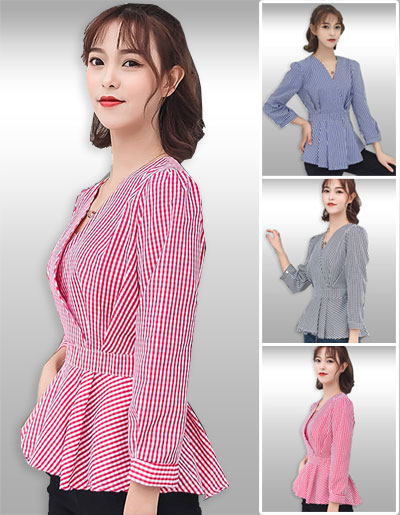 เสื้อแฟชั่นคอวีลายสก็อตแต่งระบายเอวมี3สี รหัส 2034