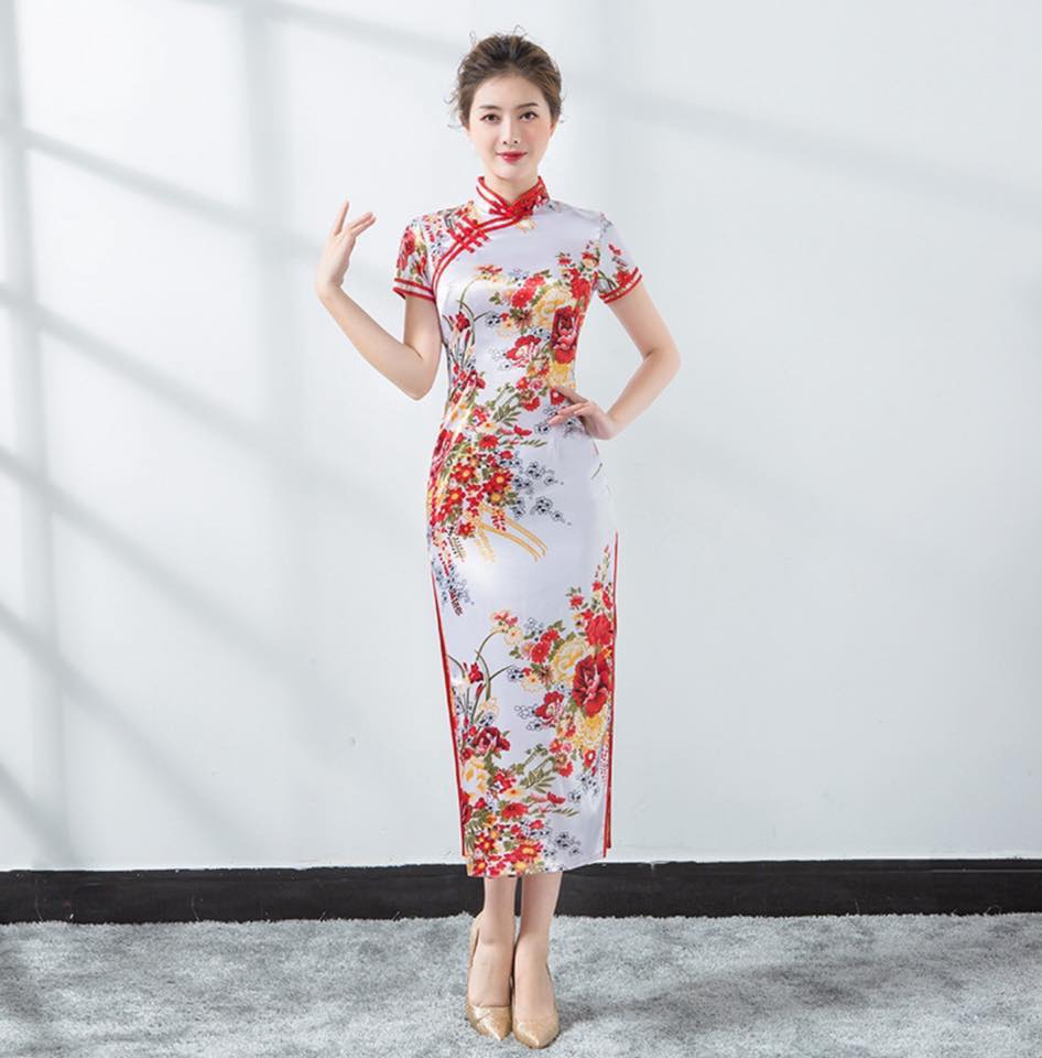 ชุดจีนกี่เพ้าลายดอก ผู้ใหญ่ผ่าข้างยาวแขนสั้น ยาว