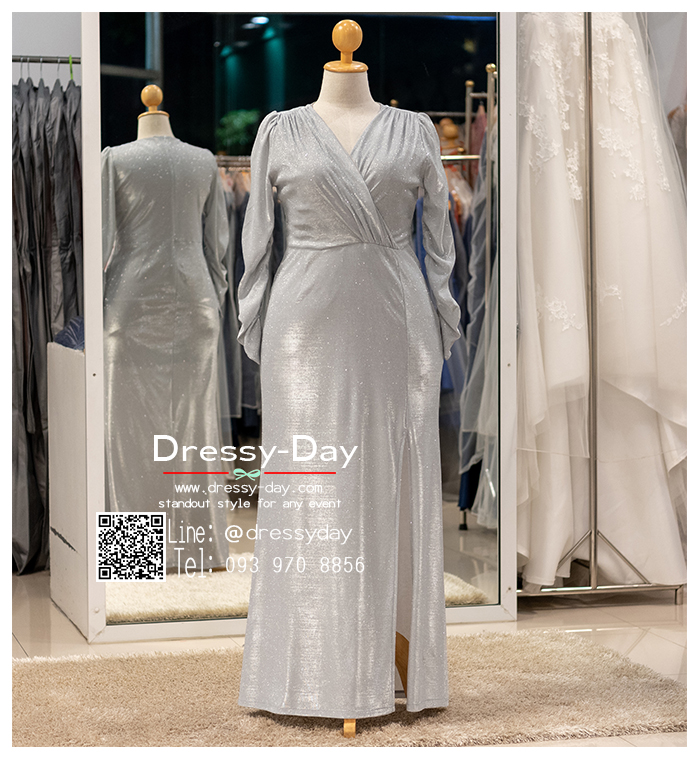 รหัส ชุดราตรีคนอ้วน : PFL111 ชุดไปงานแต่งคนอ้วน ชุดราตรียาวคนอ้วน คนอวบสวยๆ แขนยาว ผ้ากลิตเตอร์ สวย เรียบ หรูดูแพง