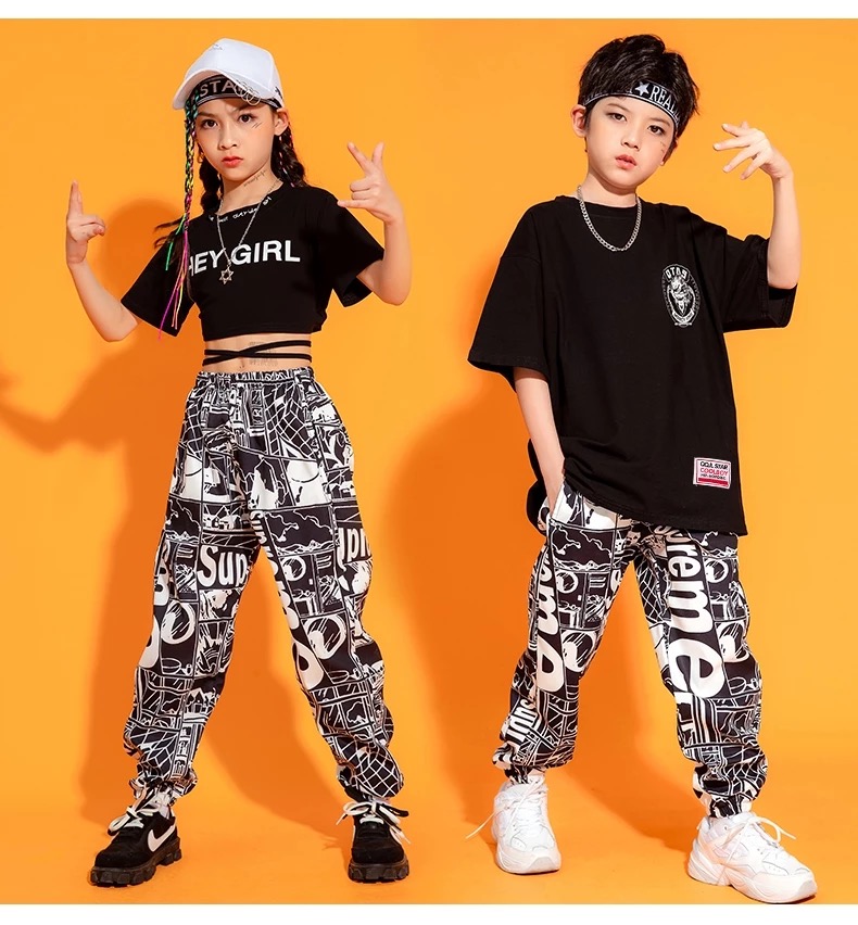 พร้อมส่ง ชุดเต้น ชุดแดนซ์ ฮิปฮอป เสื้อสีดำ กางกงดำลายการ์ตูน