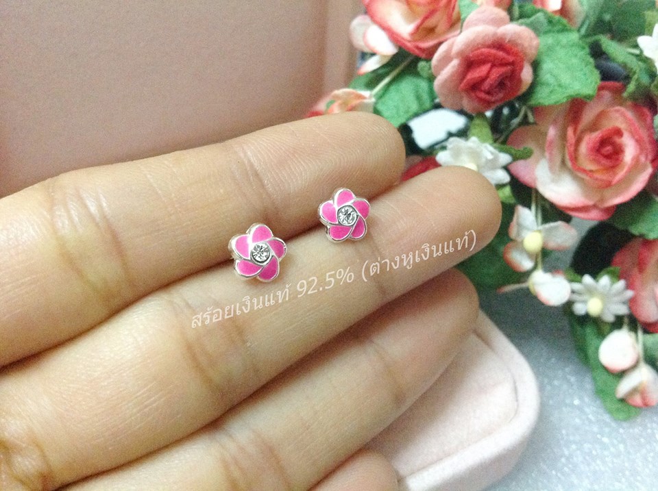 ต่างหูเงินแท้จิ๋ว ดอกไม้สีชมพูเข้ม