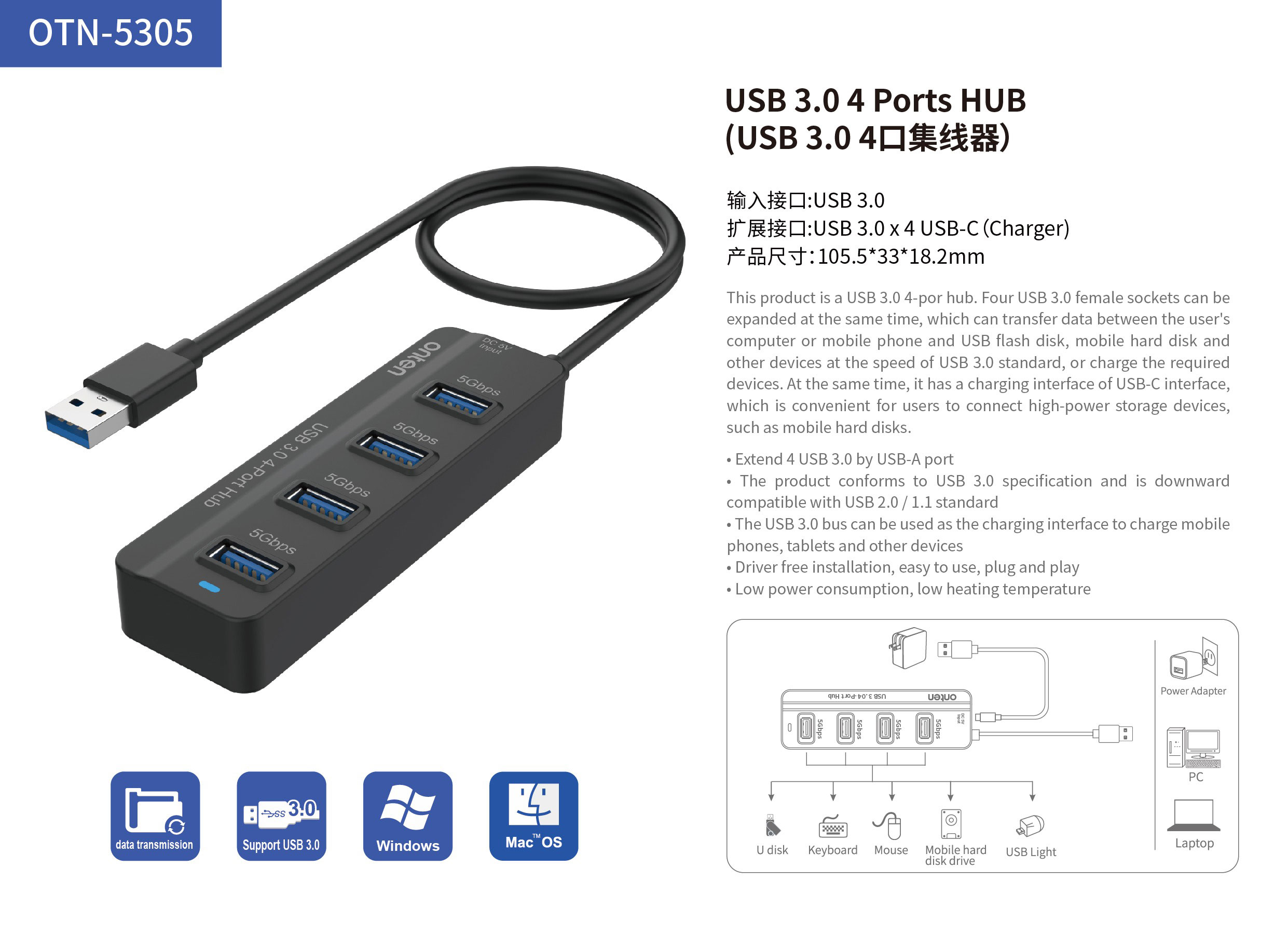 USB 3.0 4-Port HUB with USB-C Power by Onten