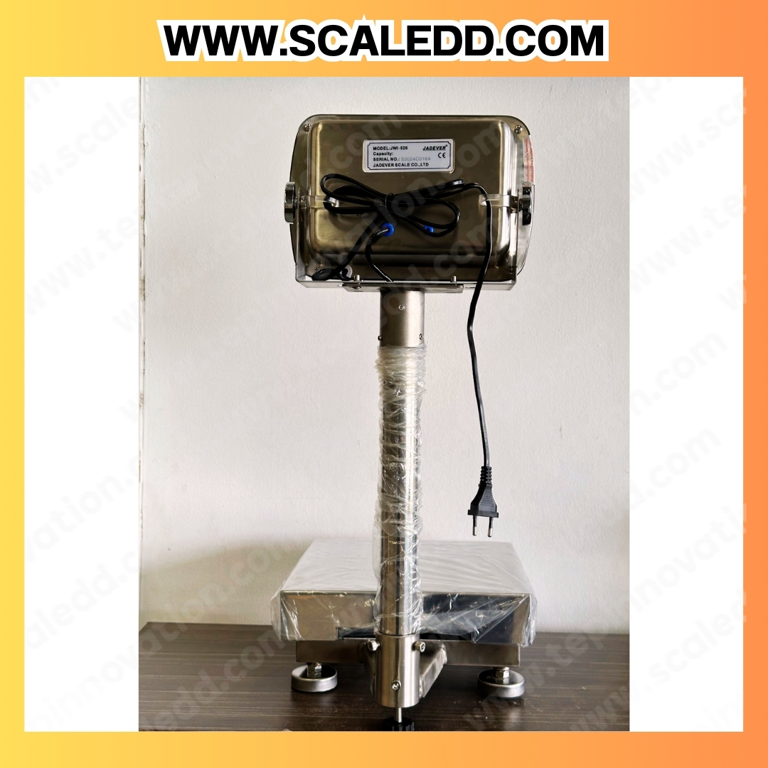 เครื่องชั่งกันน้ำตั้งพื้น พิกัดน้ำหนัก 15 kg. ค่าความละเอียด 0.5 กรัม ขนาดแท่นชั่ง 28x28 cm. ยี่ห้อ "JADEVER" รุ่น "JWI-520" (เครื่องชั่งผ่านตรวจรับรองจากสำนักชั่งตวงวัด)