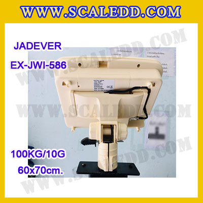 เครื่องชั่งดิจิตอลตั้งพื้น ยี่ห้อ JADEVER รุ่น EX-JWI-586 ขนาดแท่น 60x70cm. พิกัดน้ำหนัก 100kg ค่าละเอียด 10g พร้อมที่เข็นและล้อ