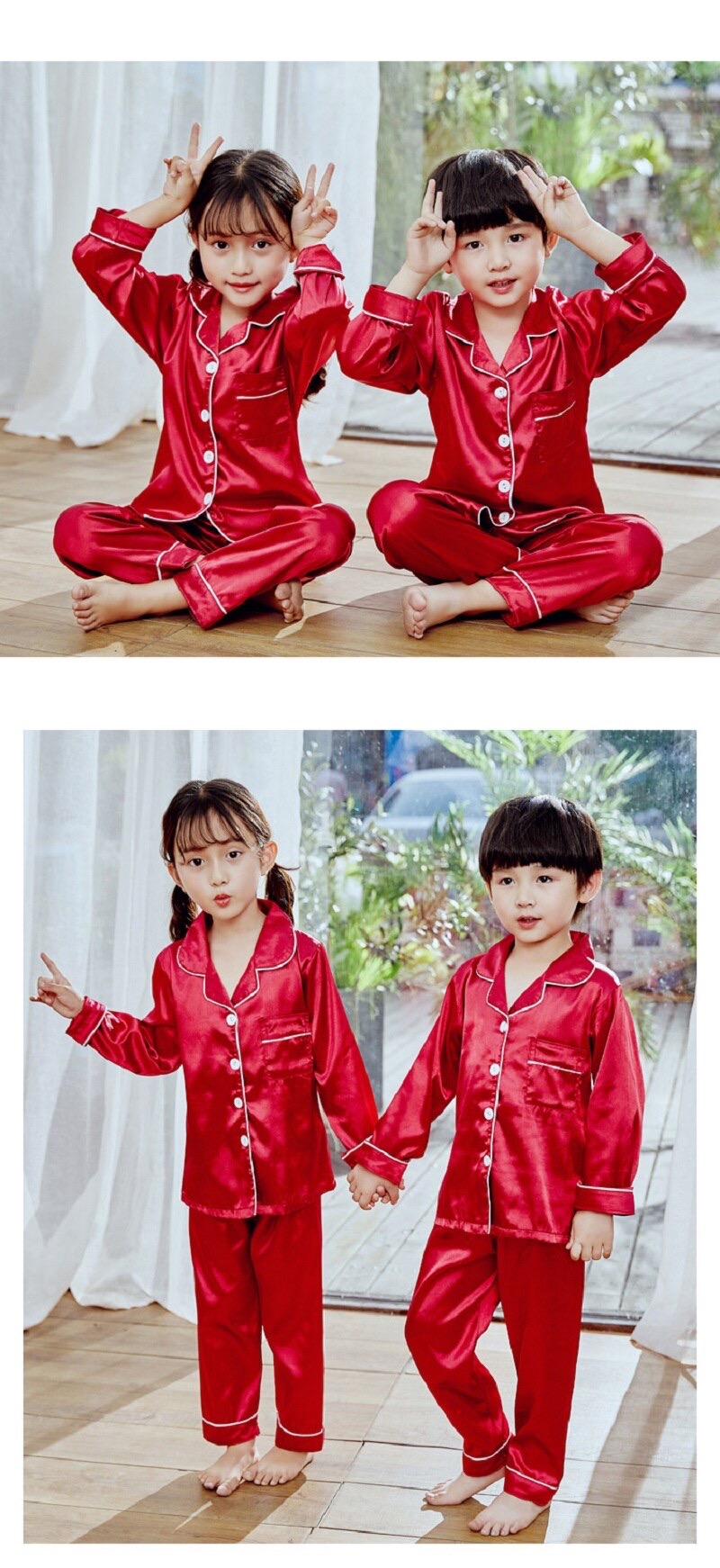 พร้อมส่ง ชุดนอนเด็ก ชุดนอนซาติน เสื้อแขนยาว+กางเกงขายาว