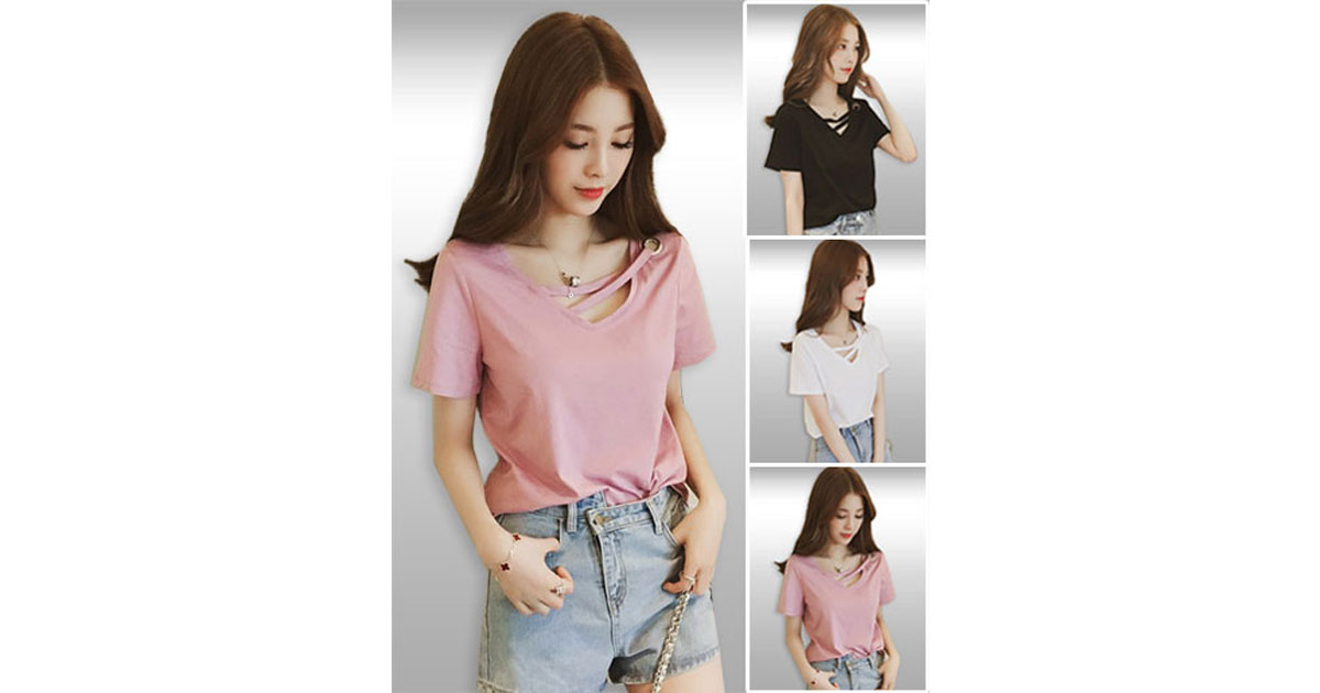 เสื้อยืดแฟชั่นคอวีแขนสั้นสวยน่ารักมี 3 สี รหัส 2083