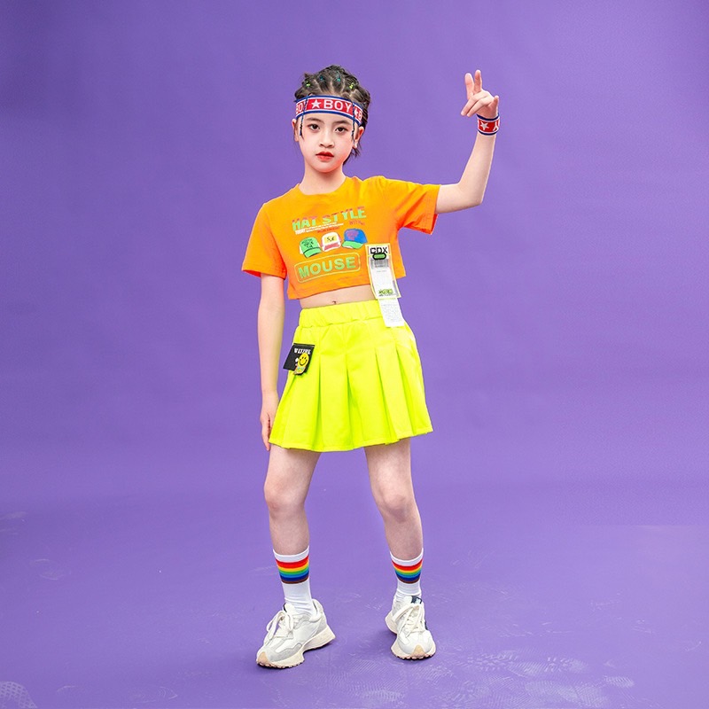 พร้อมส่ง***ชุดเต้น ชุดเชียร์เซ็ตชายหญิง เสื้อแขนสั้นส้ม เหลือง+กระโปรง/กางเกง