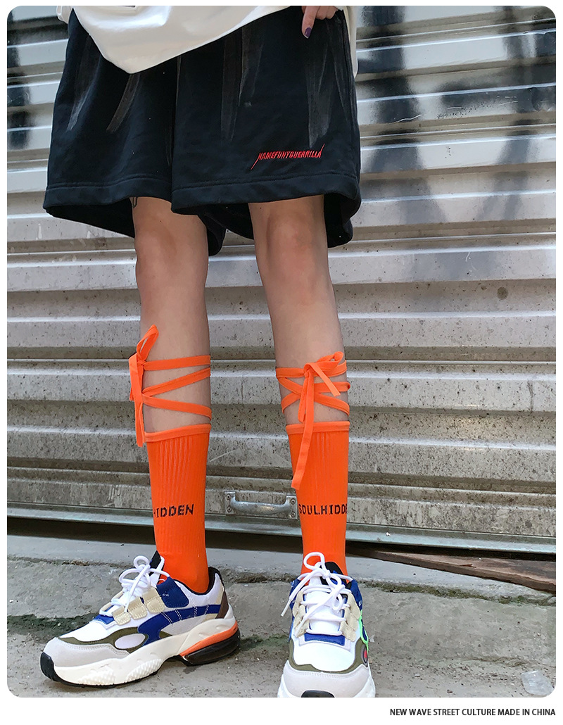 พร้อมส่ง ถุงเท้า เด็ก-ผู้ใหญ่ แบบยาว มีสายไขว้ ผูกข้อขา สีพื้น