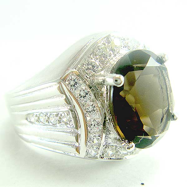 แหวนเงินแท้ราคาถูกชุบทองคำขาว พลอยแท้สโมกกี้ควอทซ์ 4.80 กะรัต เพชรCZ 0.67 กะรัต งานประณีตสวยงาม สั่งผลิตค่ะ