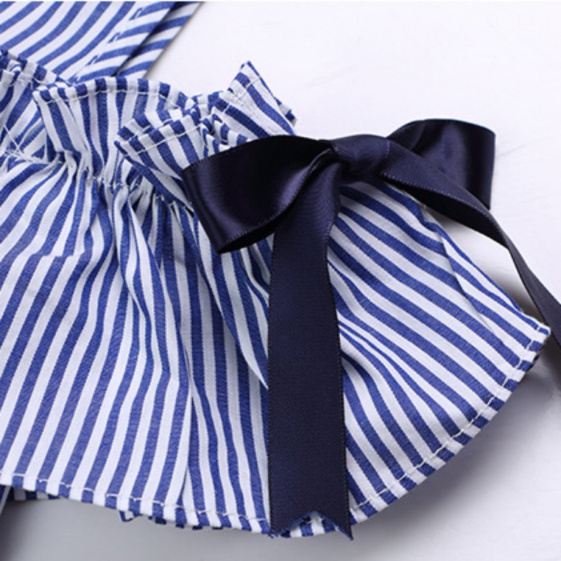 เดรสผ่าไหล่า ลายทาง สีฟ้า