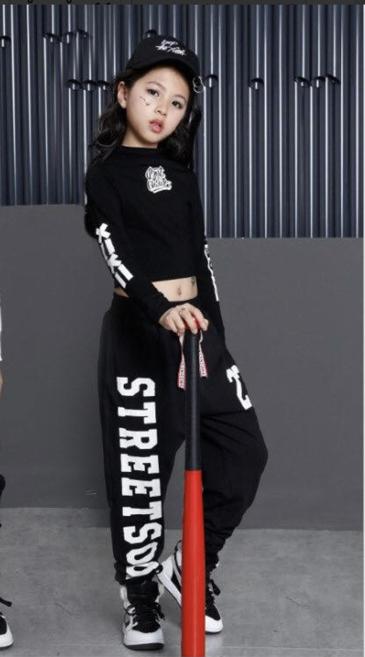 พร้อมส่ง ชุดเต้น ชุดฮิปฮอป สีขาวแขนยาวสีแดง+กางเกง