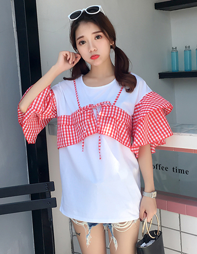 เสื้อแฟชั่นคอกลมแต่งผ้าลายสก๊อตแขนระบายสองชั้นสุดน่ารักสไตล์เกาหลี รหัส 1622-สีแดง