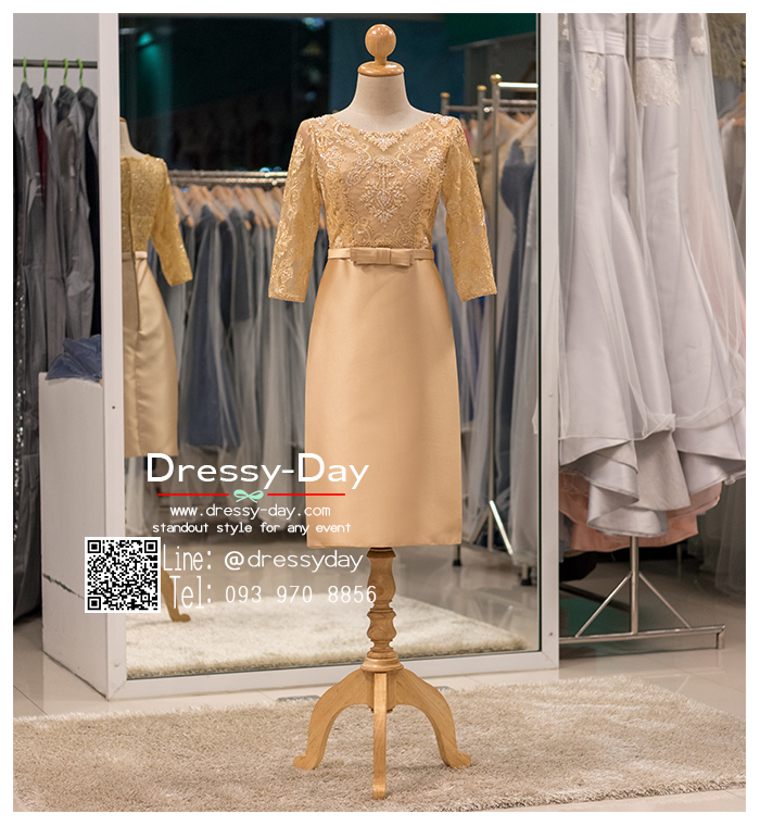 รหัส ชุดราตรี :PFS064 ชุดแซกผ้าลูกไม้งานสวยตกแต่งลูกไม้กริตเตอร์ ชุดราตรีสั้นหรูสีทอง สวย สง่า ดูดีแบบเจ้าหญิง ใส่เป็นชุดไปงานแต่งงาน งานกาล่าดินเนอร์ งานเลี้ยง งานพรอม งานรับกระบี่ ปิดหลัง