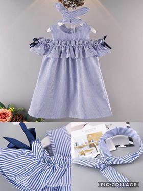 เดรสผ่าไหล่า ลายทาง สีฟ้า