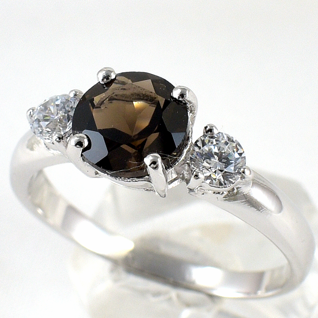 แหวนเงินแท้ราคาถูกชุบทองคำขาว พลอยแท้สโมกกี้ควอทซ์ 1.55 กะรัต เพชรCZ 0.34 กะรัต งานประณีตสวยงาม สั่งผลิตค่ะ