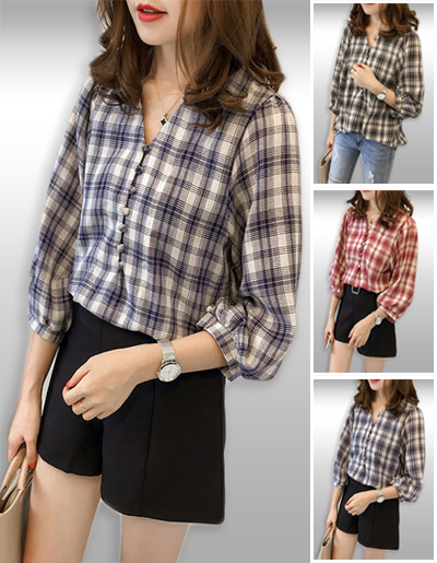 เสื้อเชื๊ตแฟชั่นคอวีแขนสามส่วนลายสก็อตรหัส1933