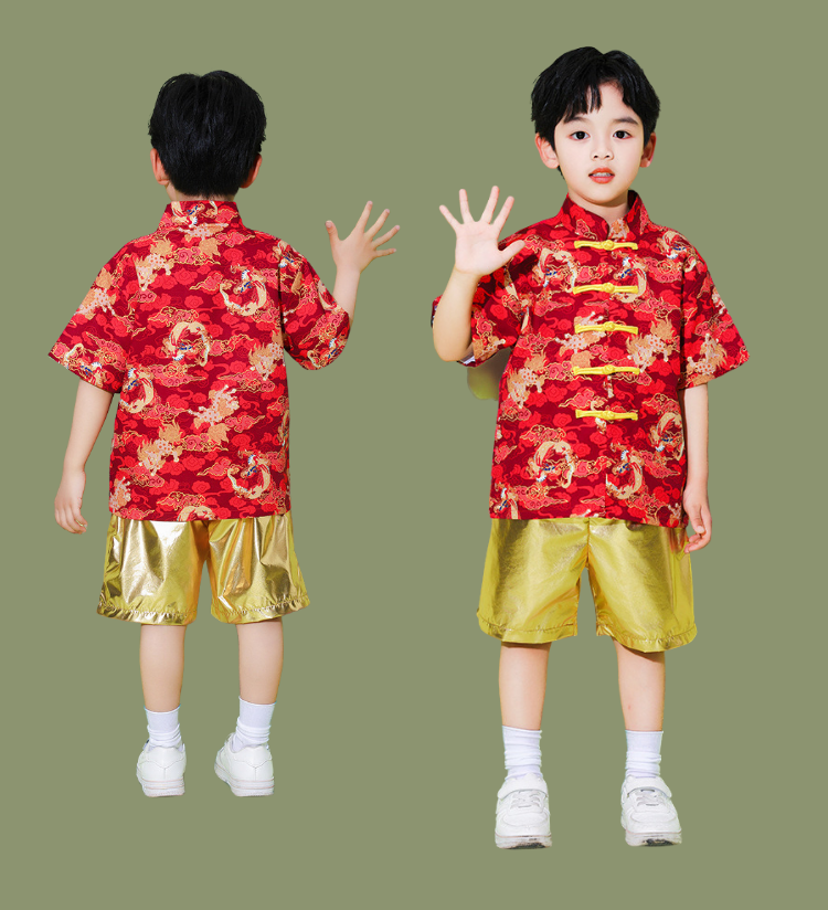 พร้อมส่ง ชุดตรุษจีน กี่เพ้า เซ็ตเด็ก เสื้อแขนสั้นสีแดงลายมังกร+กระโปรง กางเกงทอง