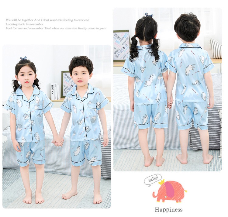 ชุดนอนเด็ก ชุดนอนผ้าซาติน แขนสั้น แบบมีลาย