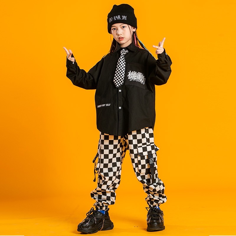 พร้อมส่ง ชุดเต้น ชุดแดนซ์ เสื้อสีขาว+กางเกงลายหมากรุก