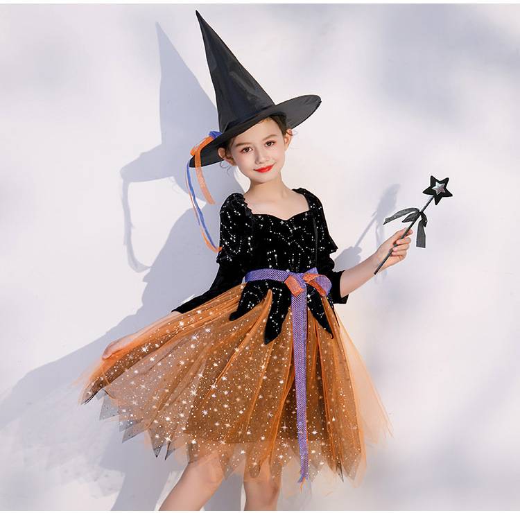 friendly4kid ชุดฮาโลวีน haloween เด็ก เดรสยาวสีส้ม-ดำ