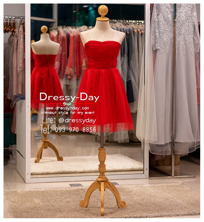 รหัส ชุดไปงานแต่งงาน : JA001 ชุดราตรีสั้น เกาะอก สีแดง