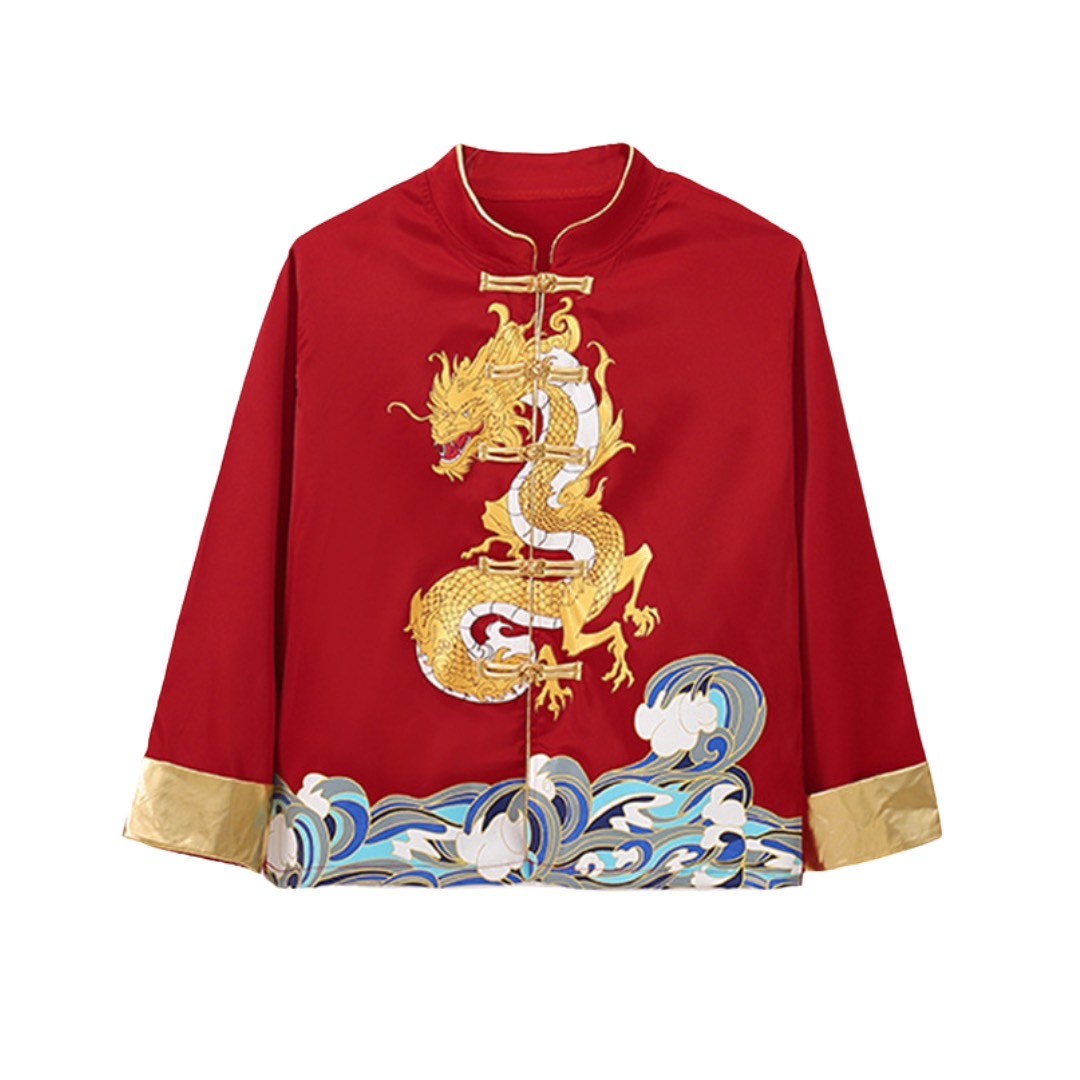 พร้อมส่ง ชุดตรุษจีน กี่เพ้า เสื้อคอจีนแขนยาวสีแดงลายมังกร+กระโปรง กางเกงขายาว สีทอง