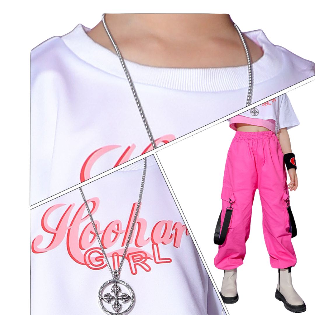 พร้อมส่ง ชุดเต้น ชุดแดนซ์ เสื้อสีขาว+กางเกงขายาว/กระโปรง สีชมพู