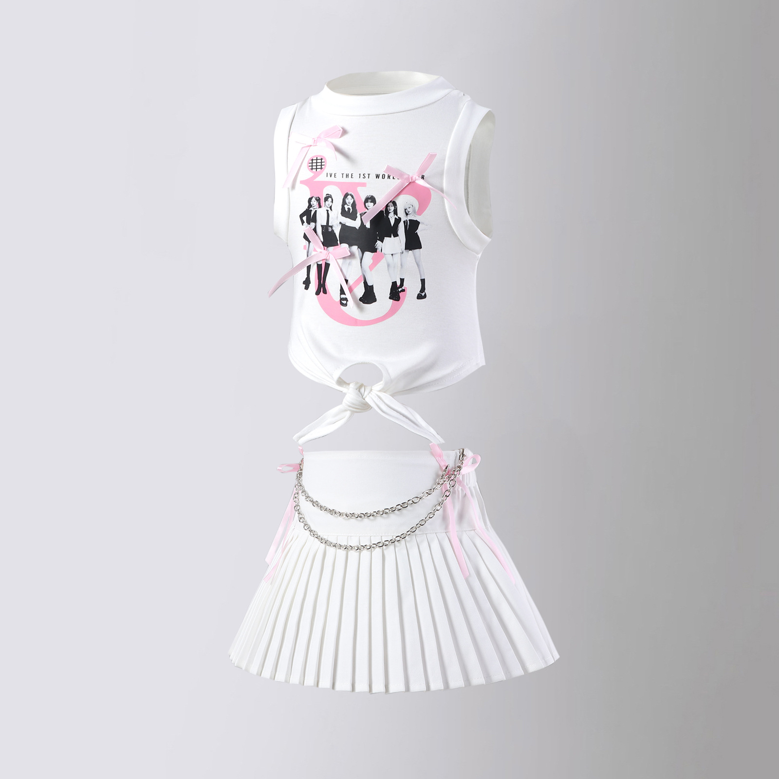 กระโปรง เด็กผู้หญิง อัดพลีส สีพื้นแยกสร้อม**พร้อมแบบโบว์ชมพู