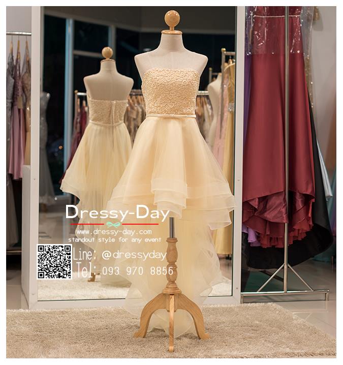 รหัส ชุดราตรียาว : PF008 ชุดราตรีหน้าสั้นหลังยาว เดรสออกงานตกแต่งลูกไม้ช่วงบน ชุดไปงานแต่งงานประดับโบว์ที่เอว ชุดแซก สีครีม เหมาะสำหรับงานแต่งงาน งานกลางคืน กาล่าดินเนอร์