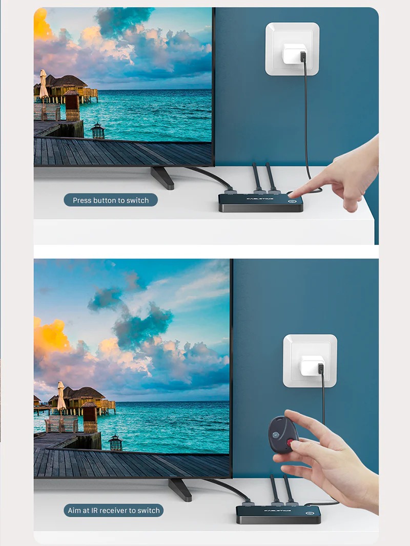 3 Port 4K60Hz HDMI Switch with IR Remote by Cabletime