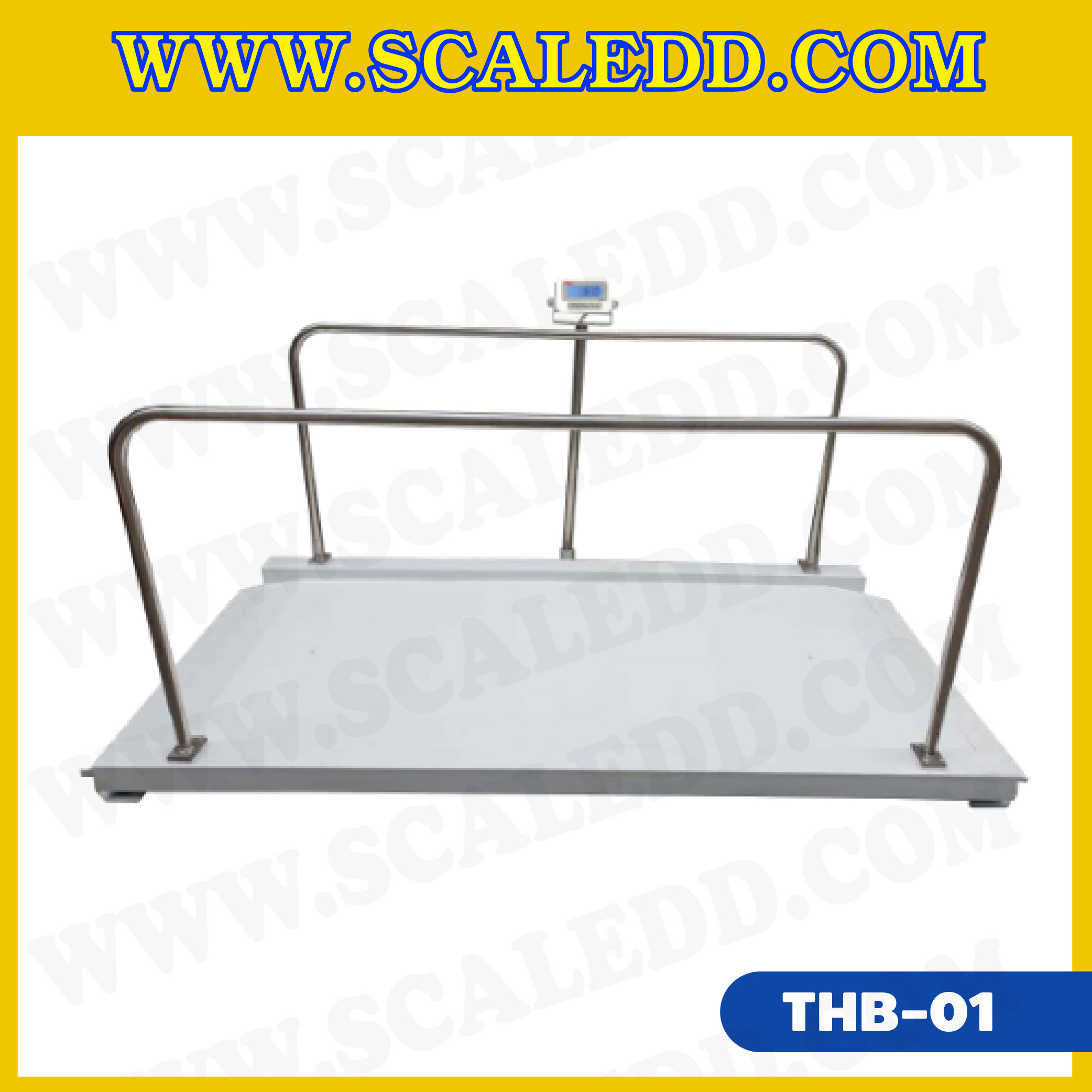 เครื่องชั่งน้ำหนักผู้ป่วย ใช้ชั่งรถวีลแชร์ผู้ป่วย ขนาดแท่นชั่ง 100x200 cm. พร้อมราวกันตกและทางขึ้น-ลง ทั้งซ้าย-ขวา พิกัด 300 กิโลกรัม ค่าละเอียด 100 กรัม มาพร้อมฟังก์ชั่น BMI