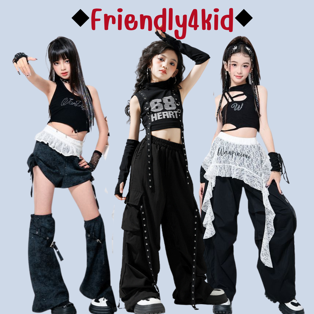 Friendly4kid พร้อมส่ง***ชุดเต้น set เสื้อ+กางเกง สีดำสไตล์สตรีทแดนซ์
