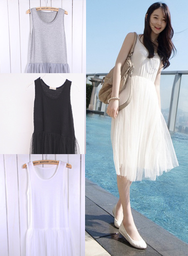 ชุดเดรสแฟชั่น แขนกุด คอกลมต่อกระโปรงยาวผ้าตาข่ายสวยหวาน 4 สี