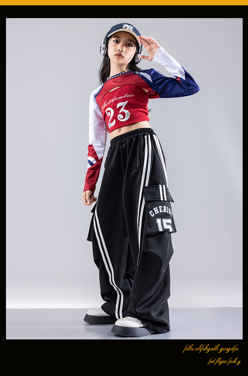 พร้อมส่ง ชุดเต้น สีแดง เลือดหมู เสื้อแขนยาวแต่งหน้าอก+กางเกงขายาวดำ