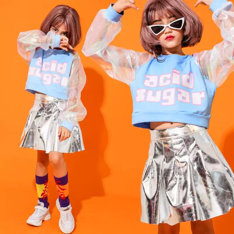 **เฉพาะเสื้อ** ชุดเต้น ชุดแฟชั่น สไตล์ฮิปฮอป สีฟ้า-เงิน