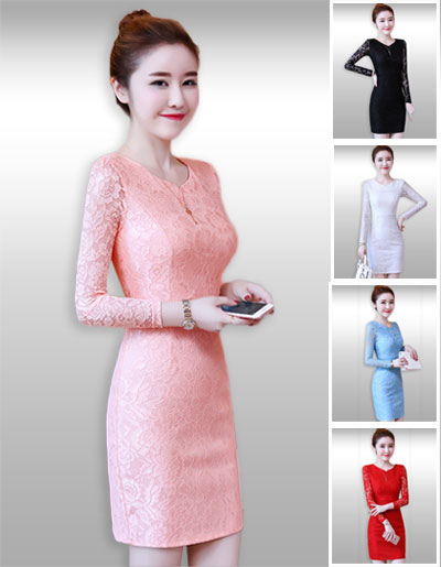 ชุดเดรสสั้นแฟชั่นแขนยาวแต่งลูกไม้แบบสวยหรู2004