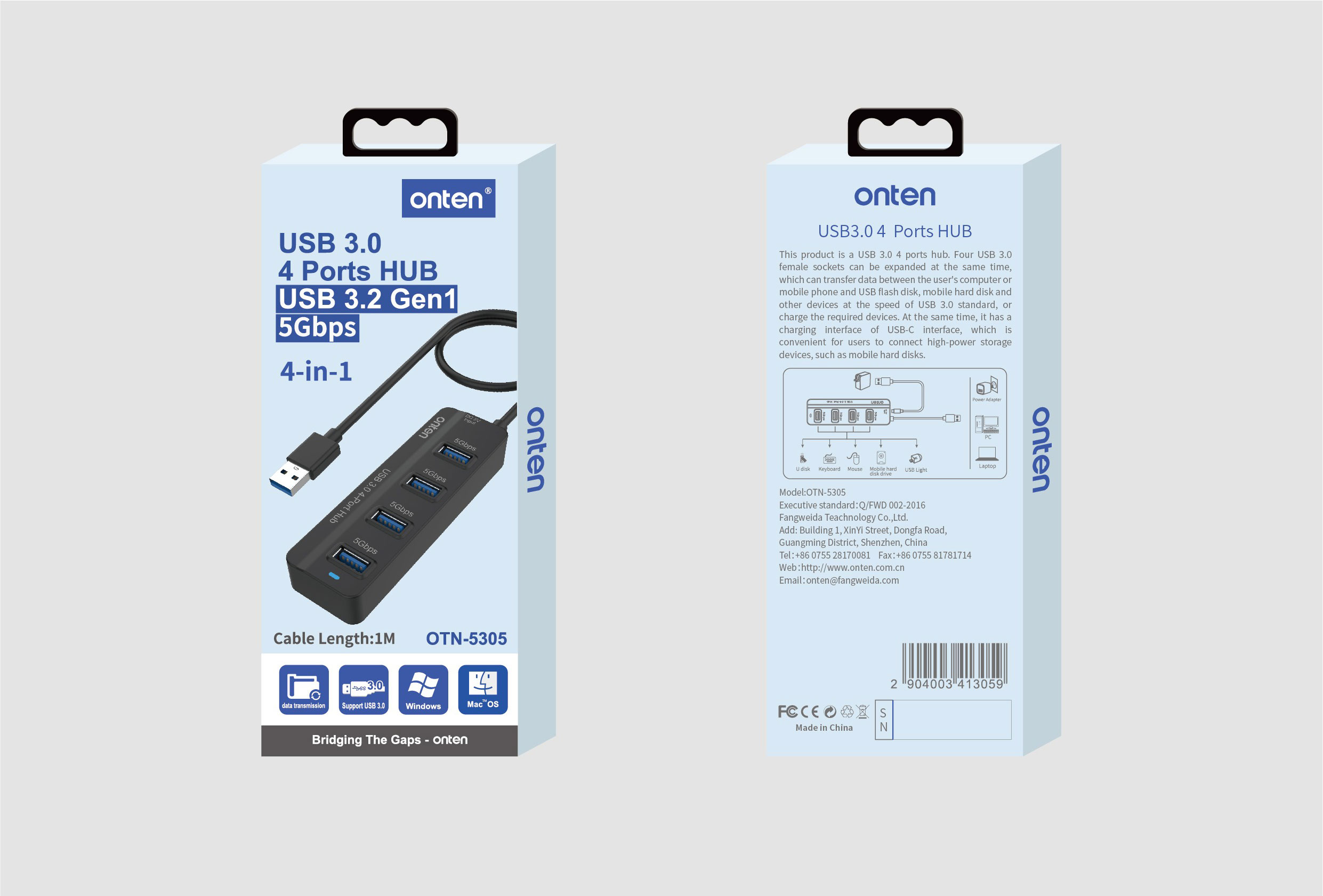 USB 3.0 4-Port HUB with USB-C Power by Onten