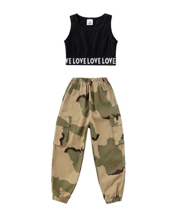 ชุดเต้น ฮิปฮอป เสื้อส้ม+กางเกงลายทหาร