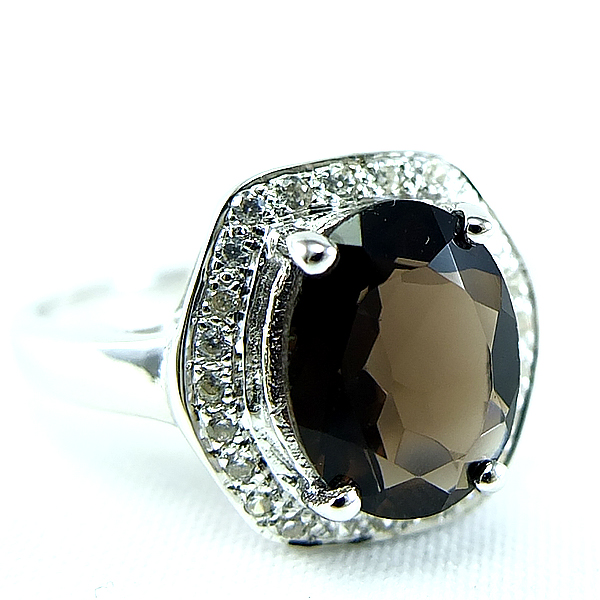 แหวนเงินแท้ราคาถูกชุบทองคำขาว พลอยแท้สโมกกี้ควอทซ์ 3.55 กะรัต เพชรCZ 0.168 กะรัต งานประณีตสวยงาม สั่งผลิตค่ะ