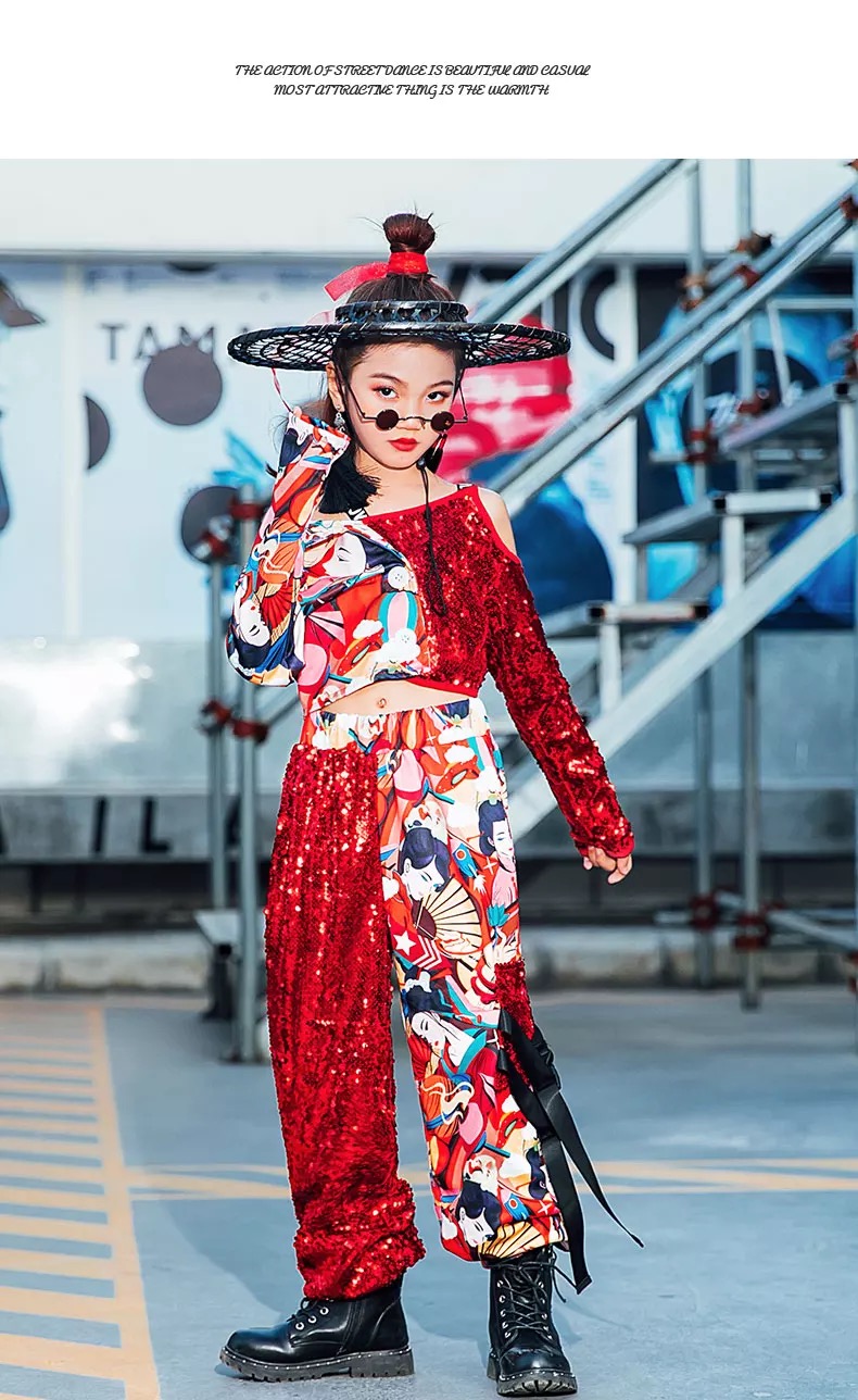 **พร้อมส่ง**ชุดเต้น ชุดฮิปฮอป เสื้อแขนยาว ปักเลื่อม พร้อมกางเกงขาขายาว