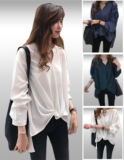 เสื้อแฟชั่นคอจีนผ่าแต่งทวิสต์ชายเสื้อด้านหน้ารหัส1980