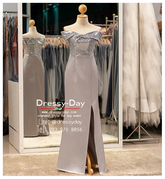 รหัส ชุดราตรียาว : PFL179 ชุดไปงานแต่งคนอ้วน ชุดราตรีคนอวบสวยๆ แบบมีแขน กระโปรงผ่าหน้า เรียบหรูดูแพง พร้อมส่ง