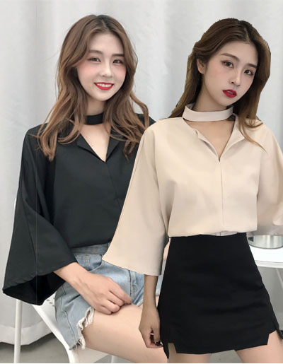 เสื้อแฟชั่นแต่งสายโช้คเก้อ แบบสวยเก๋สไตล์เกาหลี มี 2 สี รหัส 1897
