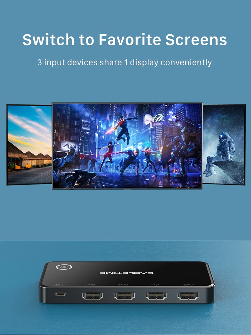 3 Port 4K60Hz HDMI Switch with IR Remote by Cabletime