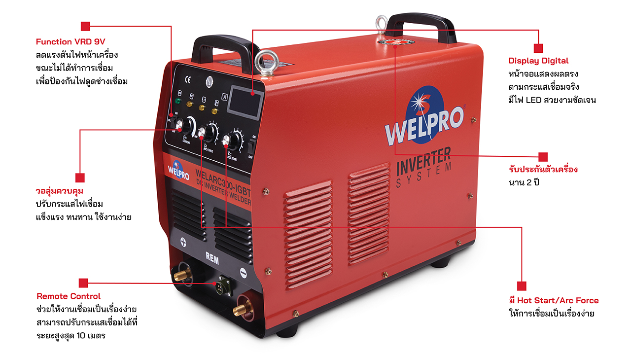 WELPRO WELARC300 เครื่องเชื่อมอินเวอร์เตอร์ 300A. 220V รับประกัน 2ปี