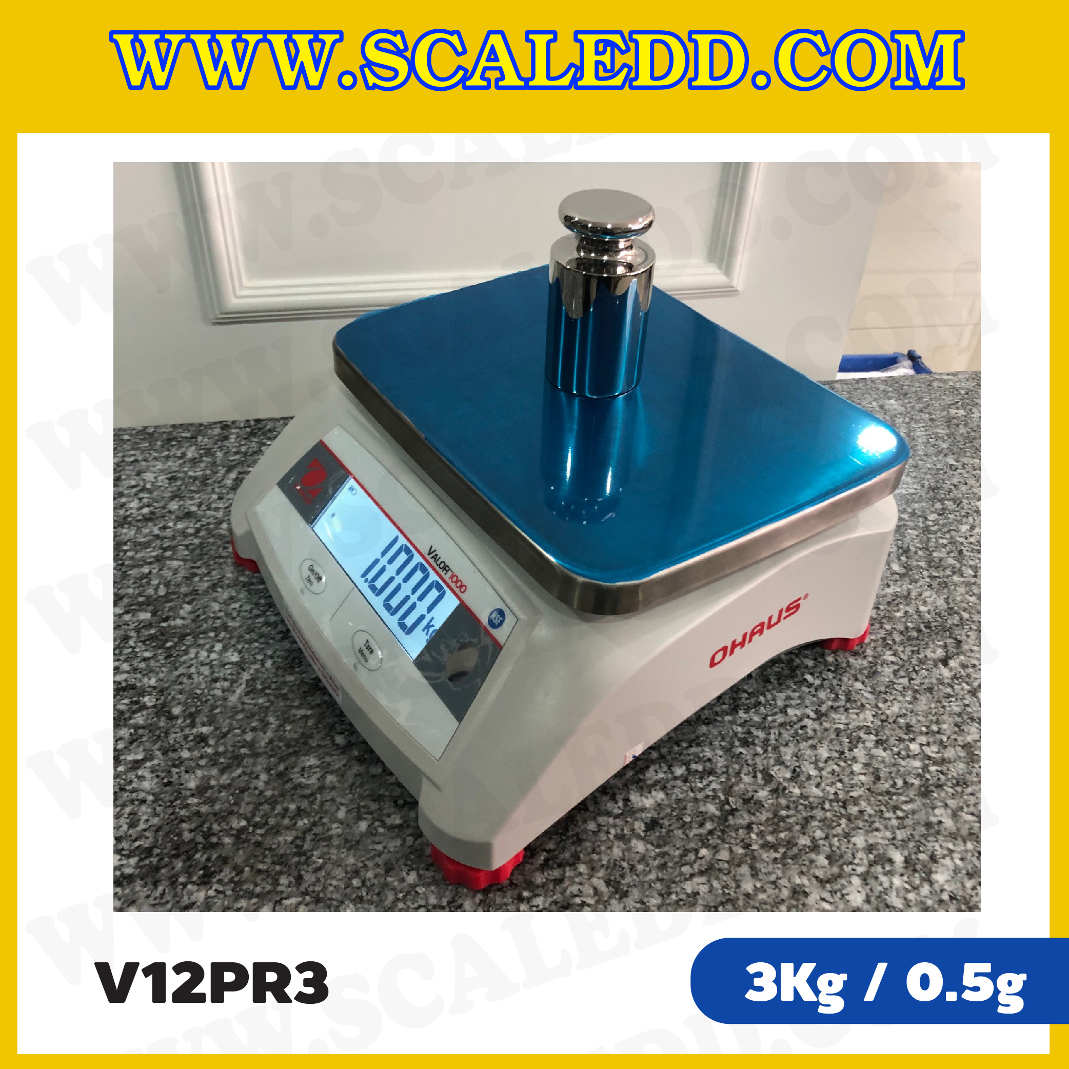 เครื่องชั่งน้ำหนักดิจิตอลตั้งโต๊ะ 2 หน้าจอ พิกัด 3kg ยี่ห้อ OHAUS รุ่น VALOR 1000 (V12PR3) ความละเอียด 0.5g